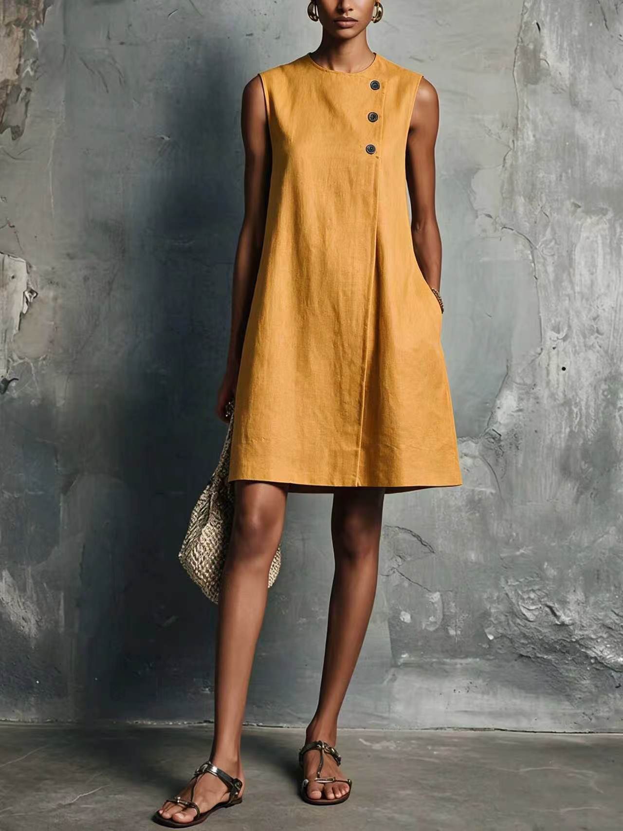 Minimalist Crewneck Sleeveless Dress with Asymmetric Buttons and Side Pockets