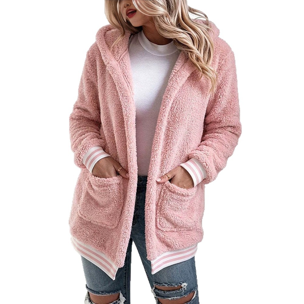 Women's Sherpa Fleece Hooded Jacket Striped Trim