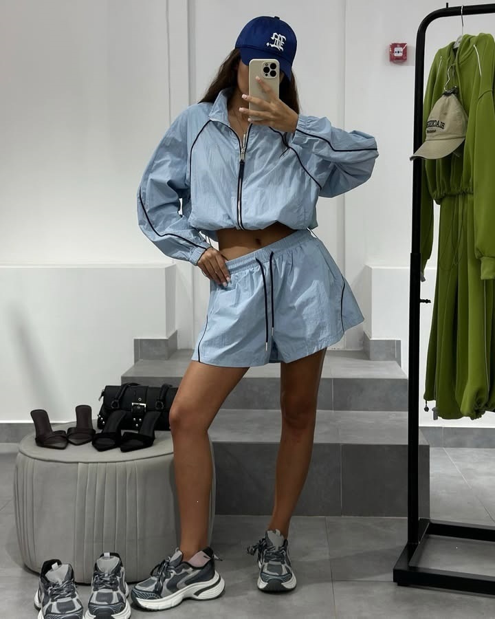 Retro Striped Long-Sleeve Zip Cardigan and Tie Shorts Two-Piece Set