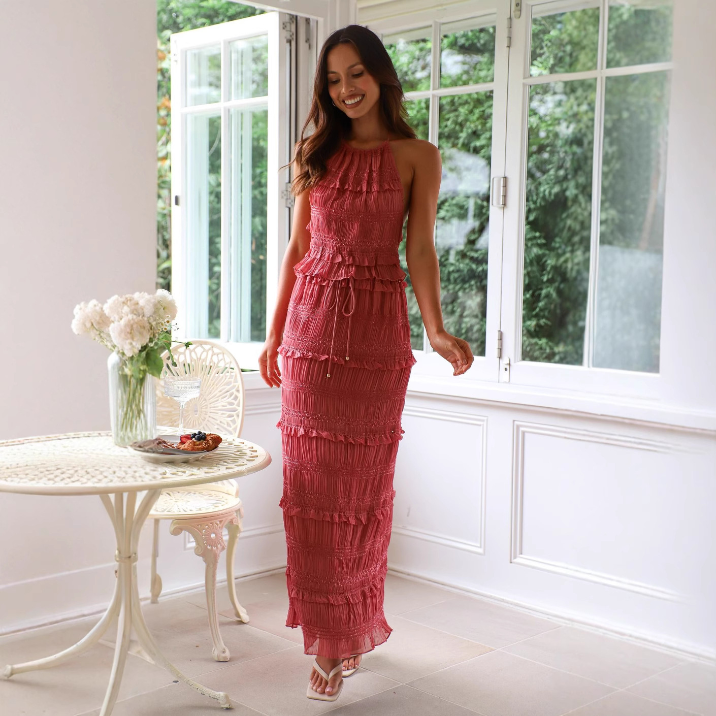 Halter Ruffle Cami Top and Long Tiered Skirt Solid Color Set