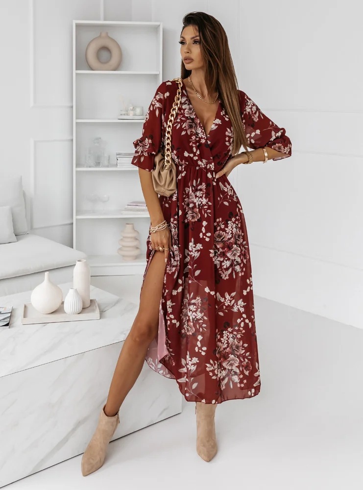 Women's V-Neck Printed Short Sleeve Midi Dress - 6 Colors