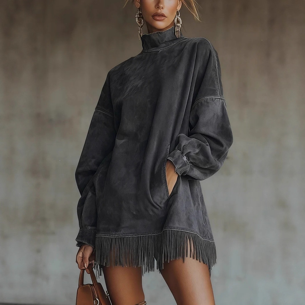 High Neck Faux Suede Vintage Loose Pocket Fringe Long Sleeve Dress