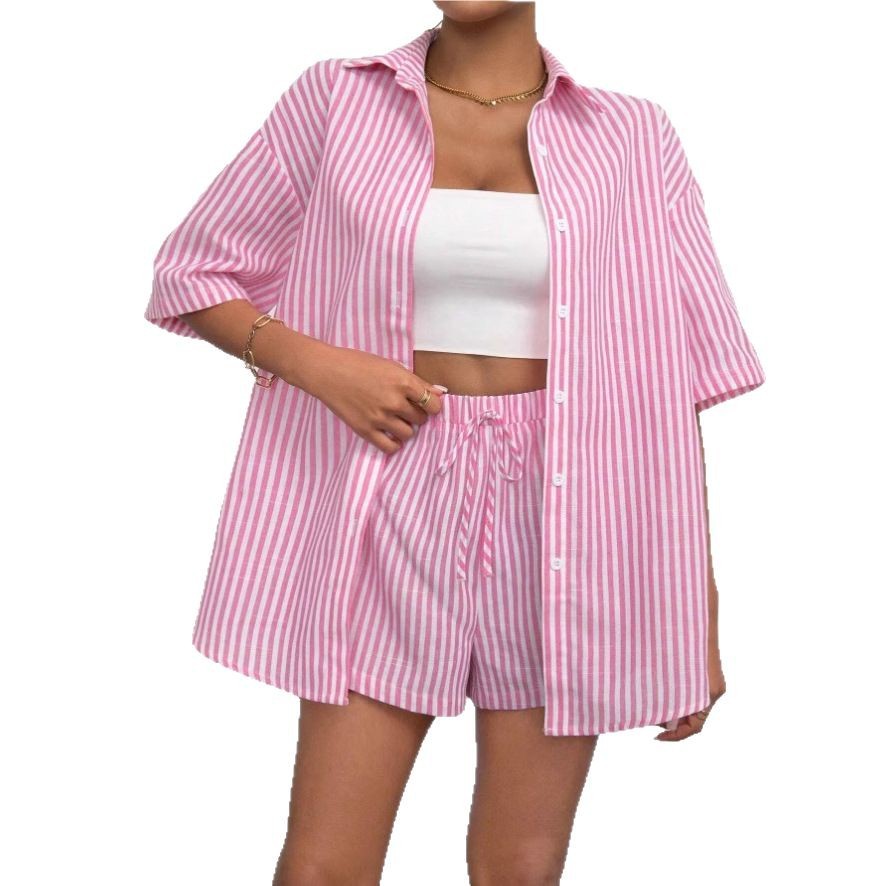 Women's Striped Short Sleeve Two-Piece Set with Collar