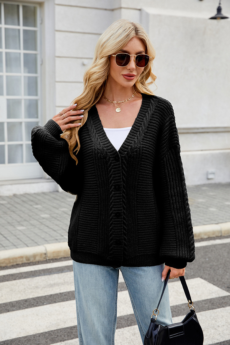 Women's Lazy Style Loose Cable Knit V-Neck Cardigan Sweater