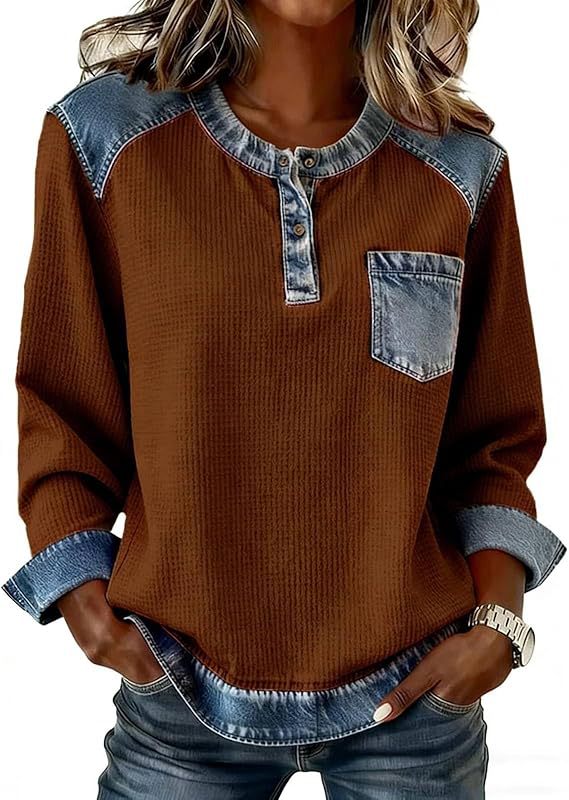 Faux Denim Patchwork Button Pocket Long Sleeve Crewneck Top