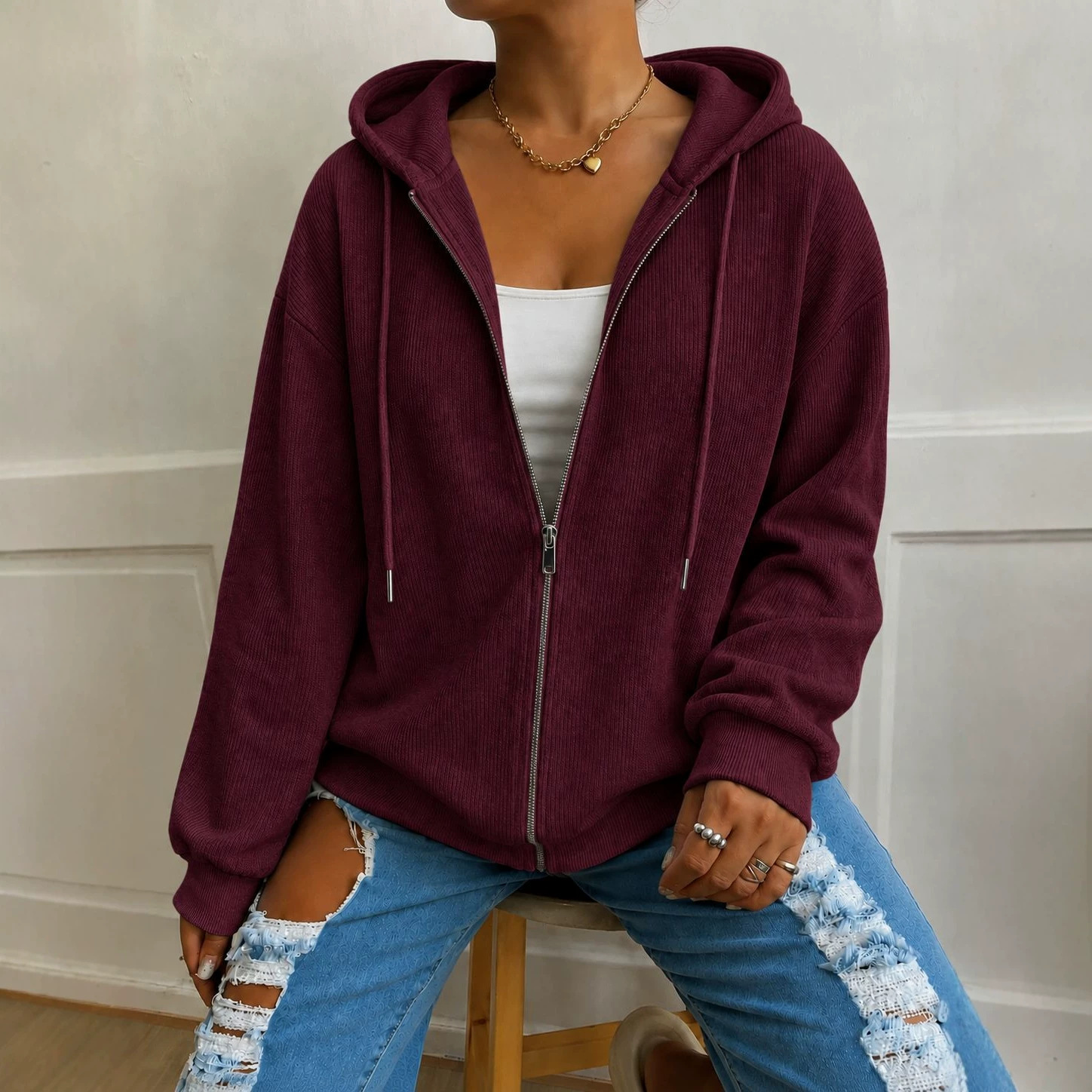 Women's Casual Loose Hooded Zip Knit Cardigan Textured Long Sleeve Outerwear