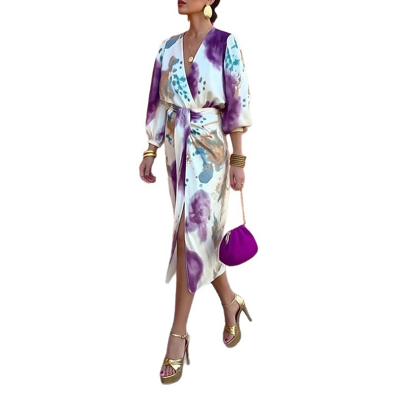 Women's V-Neck Printed Fitted Casual Two-Piece Skirt Set