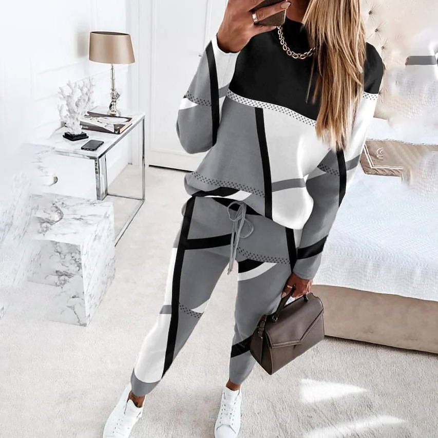 Women's Two-Piece Colorblock Print Long-Sleeve Crewneck Casual Set