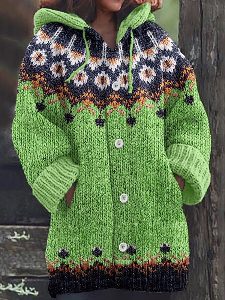 Women's Floral Leaf Print Hooded Button Cardigan Sweater