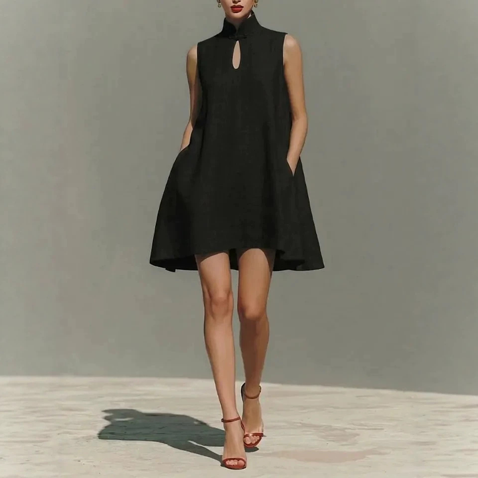 Sleeveless Linen Butterfly-Buckle A-Line Dress