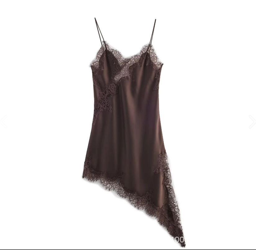Women's Lace Asymmetric Dress with Deep V-Neck Sleeveless Slim Fit