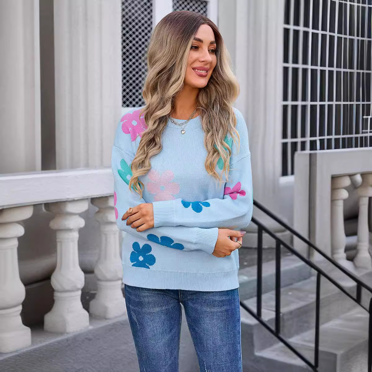 Floral Colorblock Crewneck Knit Sweater