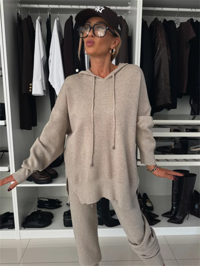 Women's Solid Color Loose Hooded Knit Two-Piece Set