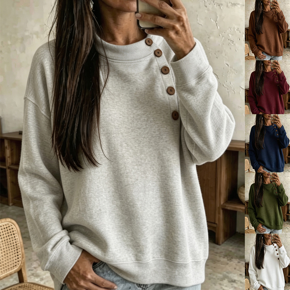 Solid Half-Turtleneck Button-Trim Long-Sleeve Sweatshirt