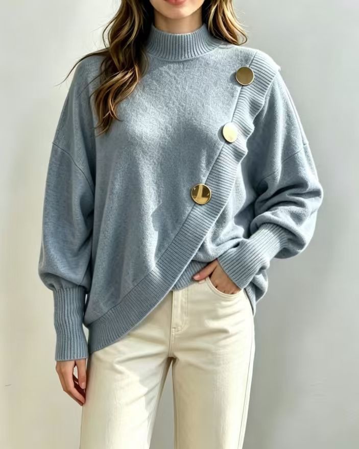 Elegant Button-Trim Crewneck Top for Women