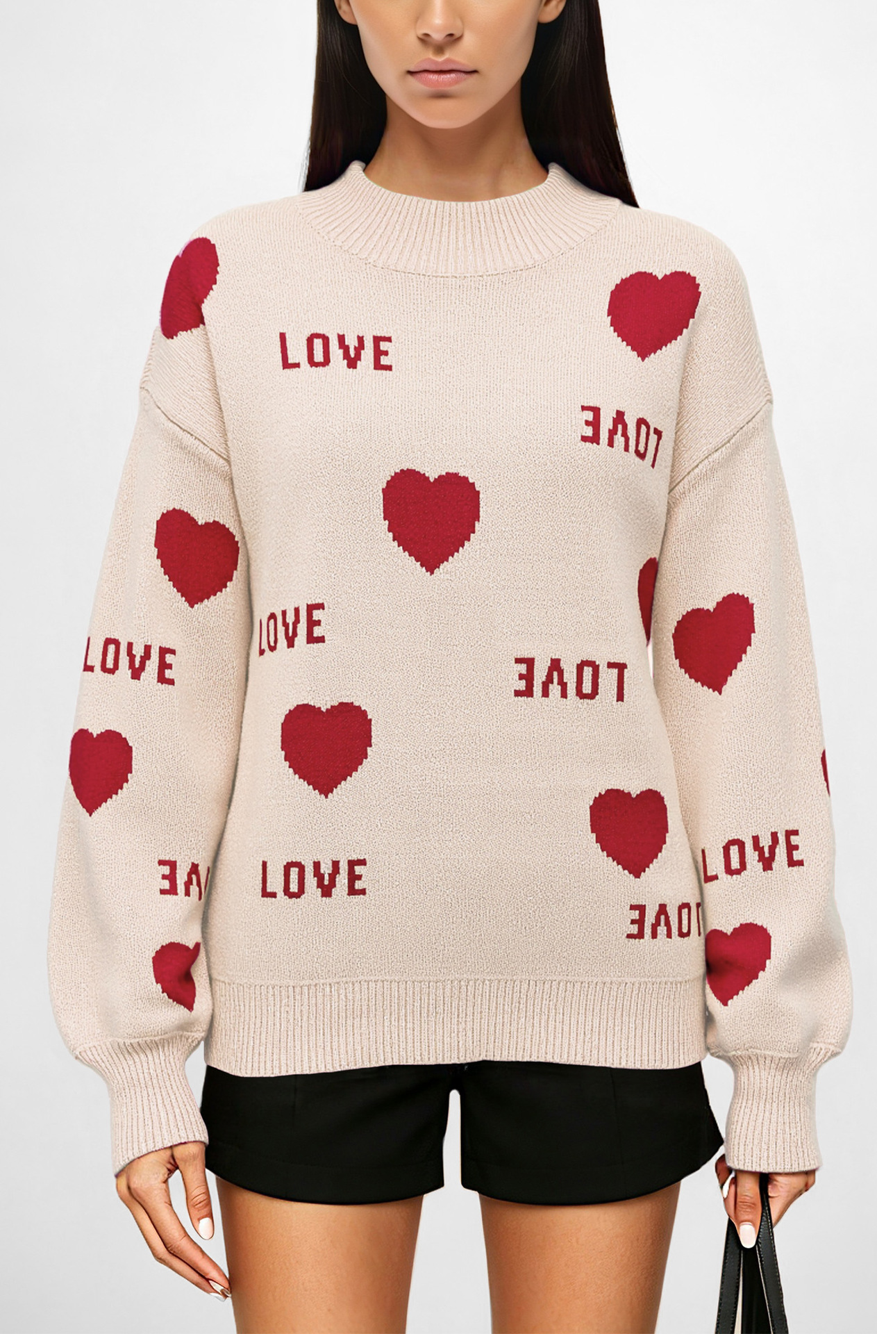 Heart Jacquard Pullover Sweater Crew Neck Loose Fit