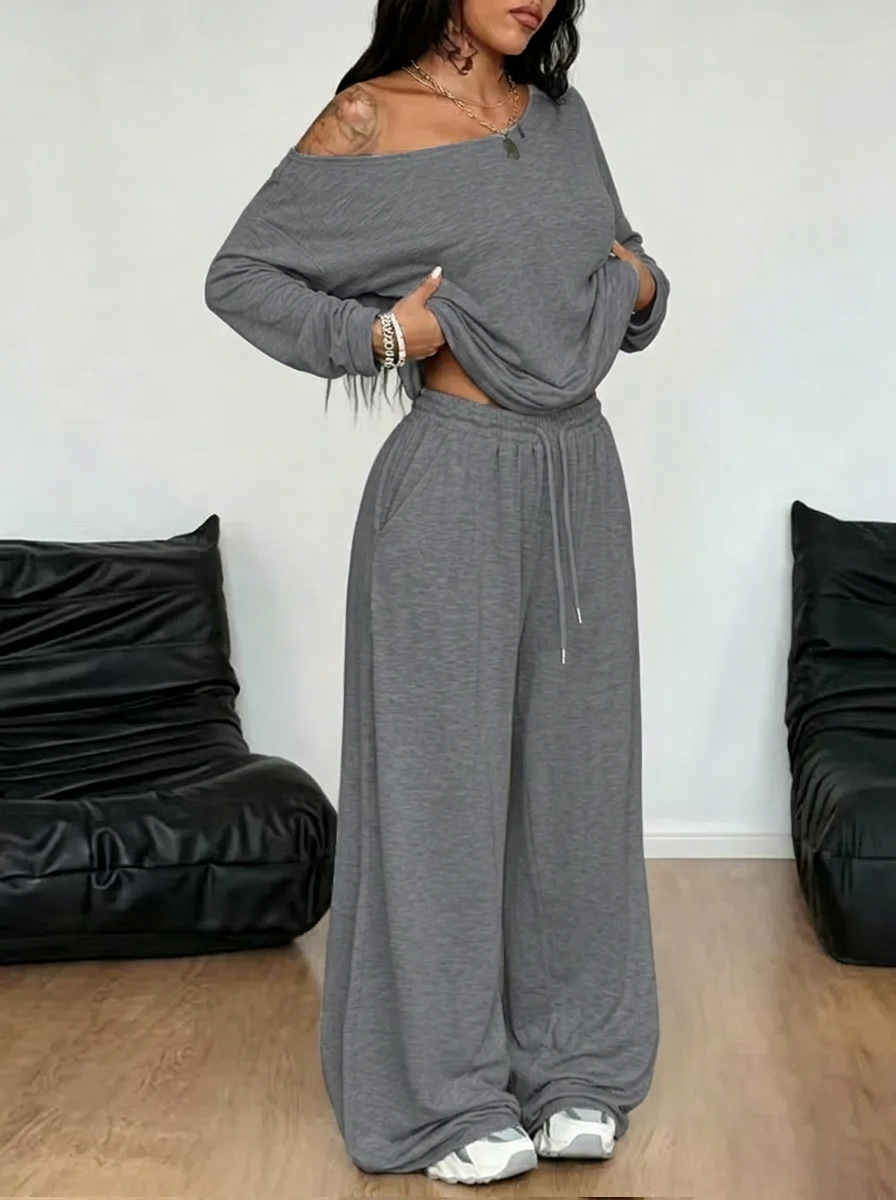 Women's Oblique Collar Wide-Leg Pants Set Solid Color Casual Two-Piece Long Sleeve