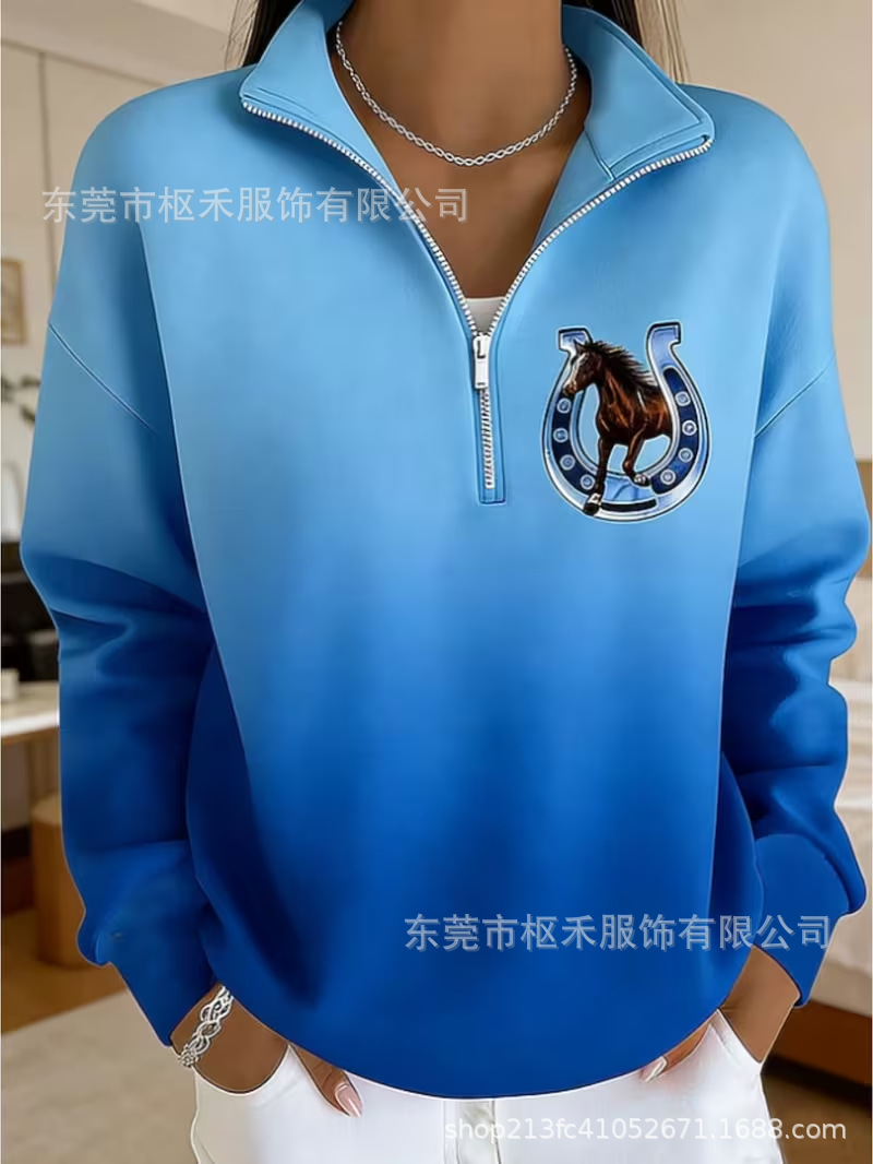 Women's Half-Zip Horse Track Print Hoodie