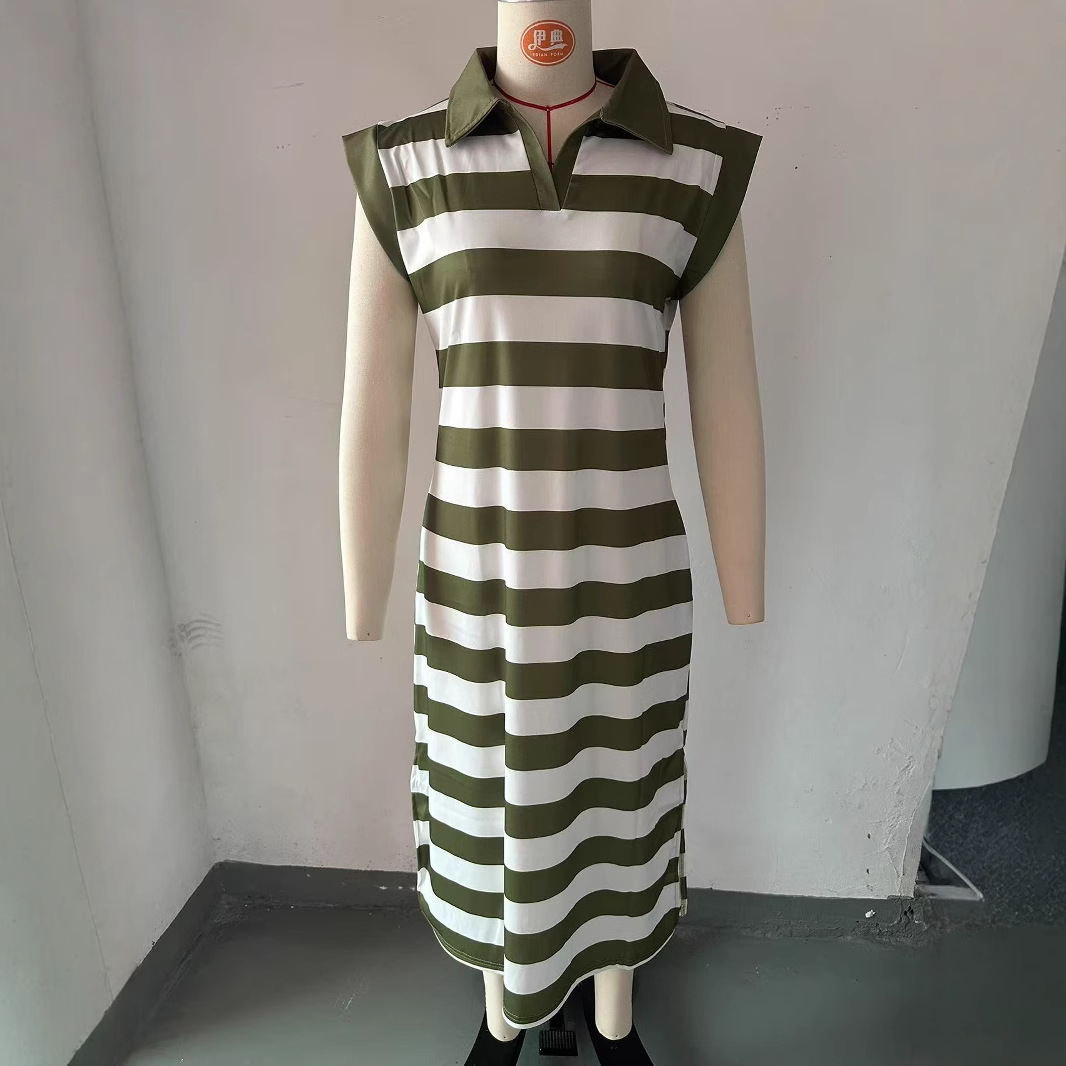 Striped Collared Long Dress with Pockets