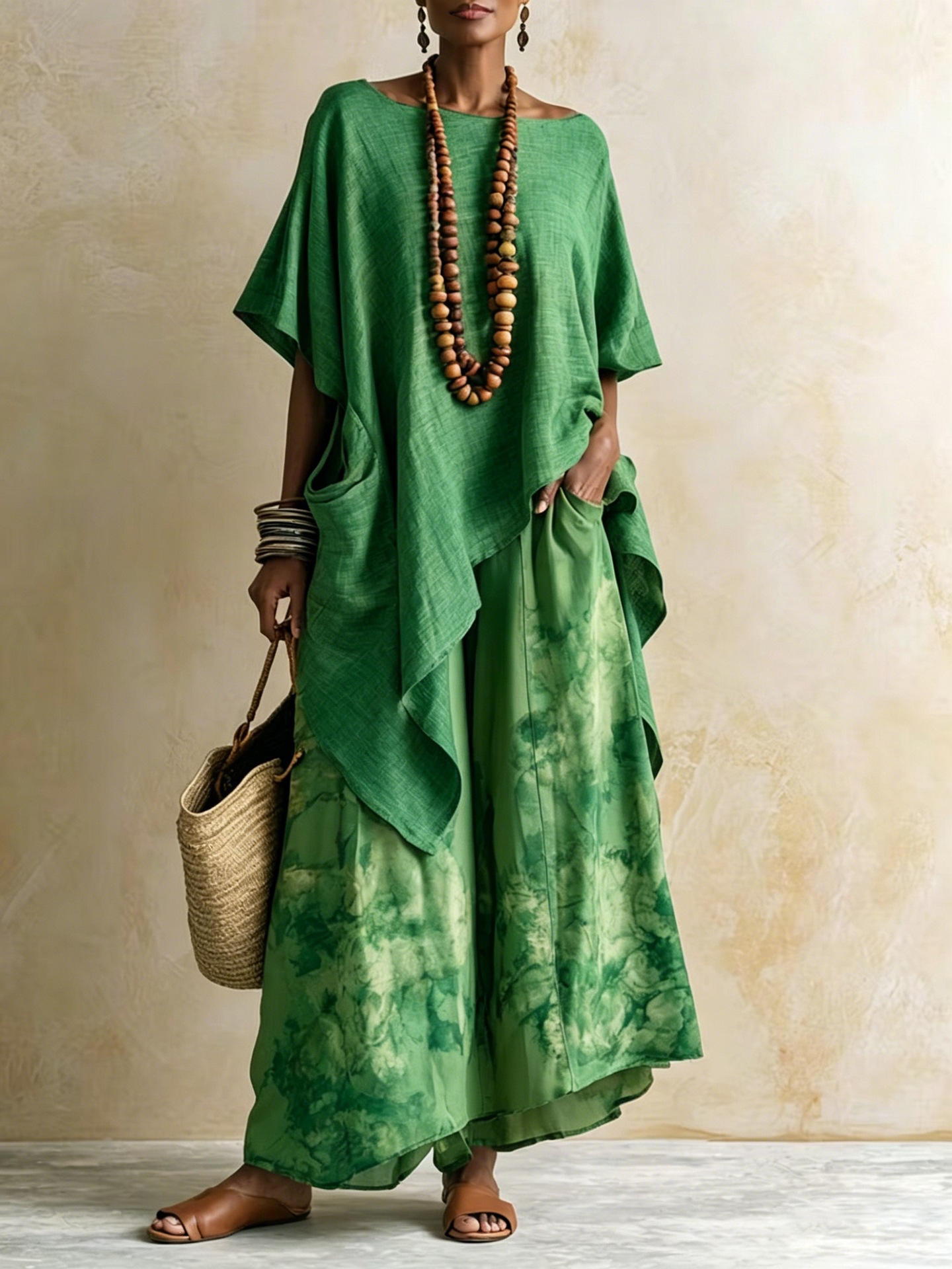 Women's Printed Linen Two-Piece Set with Loose Wide-Leg Pants