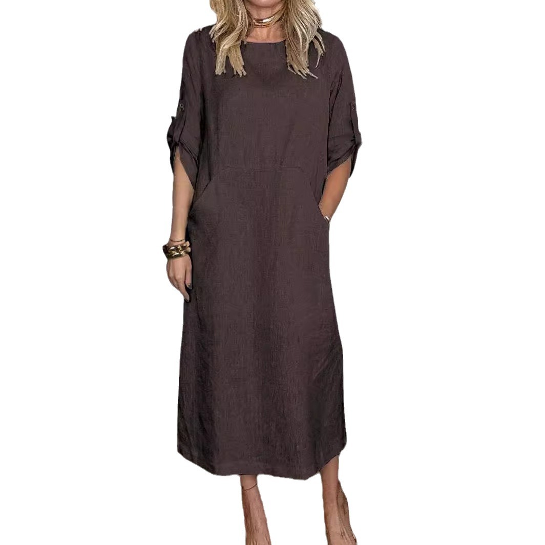 Women's Summer Loose Casual Solid Short Sleeve Cotton Linen Dress