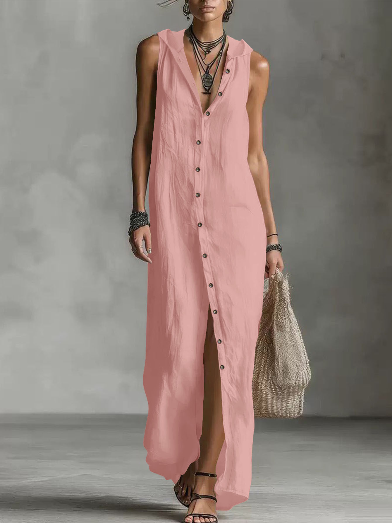 Solid Hooded Sleeveless Dress with Button-Front Cardigan