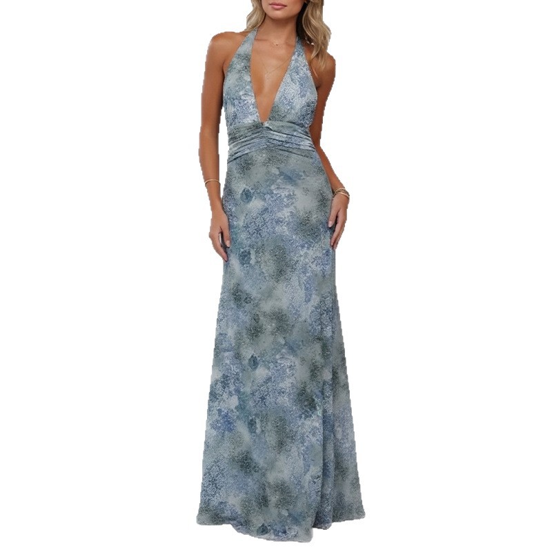 Women's Summer Polka Dot Halter Open-Back Vacation Dress