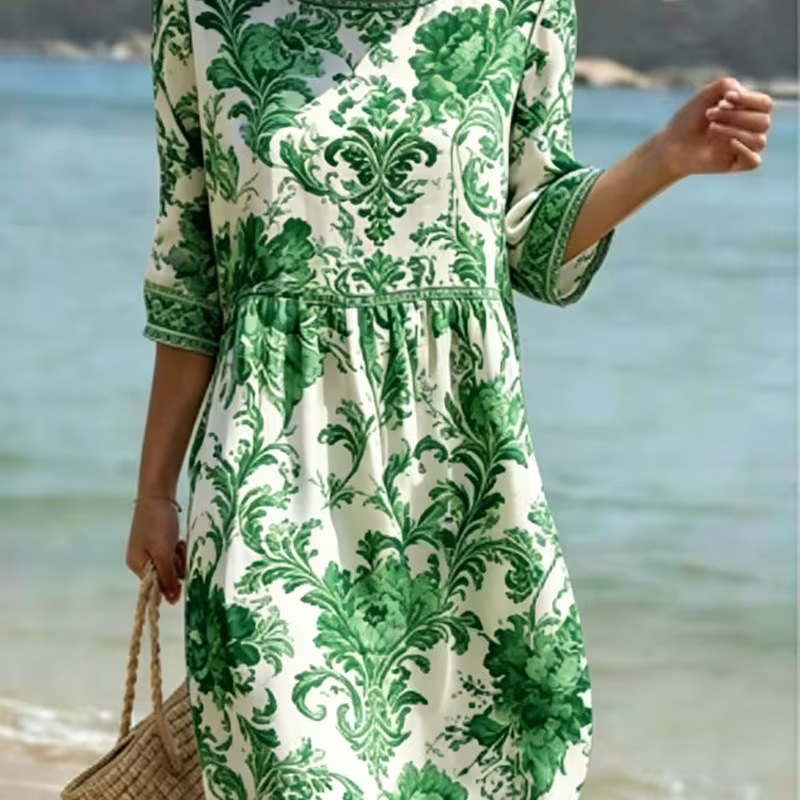 Women's Elegant Floral Print Pleated Midi Dress