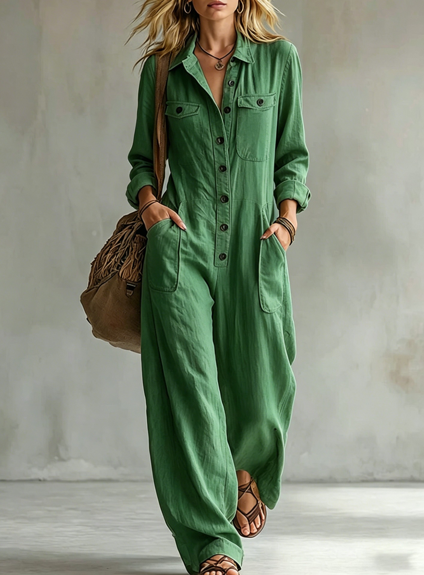 Women's Linen-Blend Cargo Jumpsuit with Collar, Long Sleeve, Wide Leg, Loose Fit