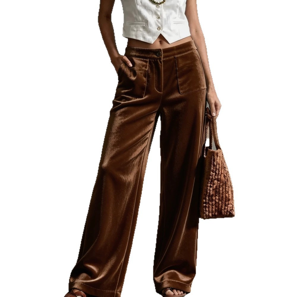 Velvet High-Waist Straight-Leg Pants with Pockets