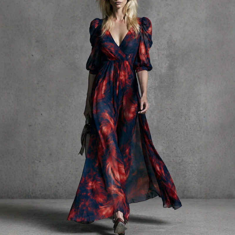 Printed V-Neck High-Waist Sleeveless Maxi Dress for Beach Vacation