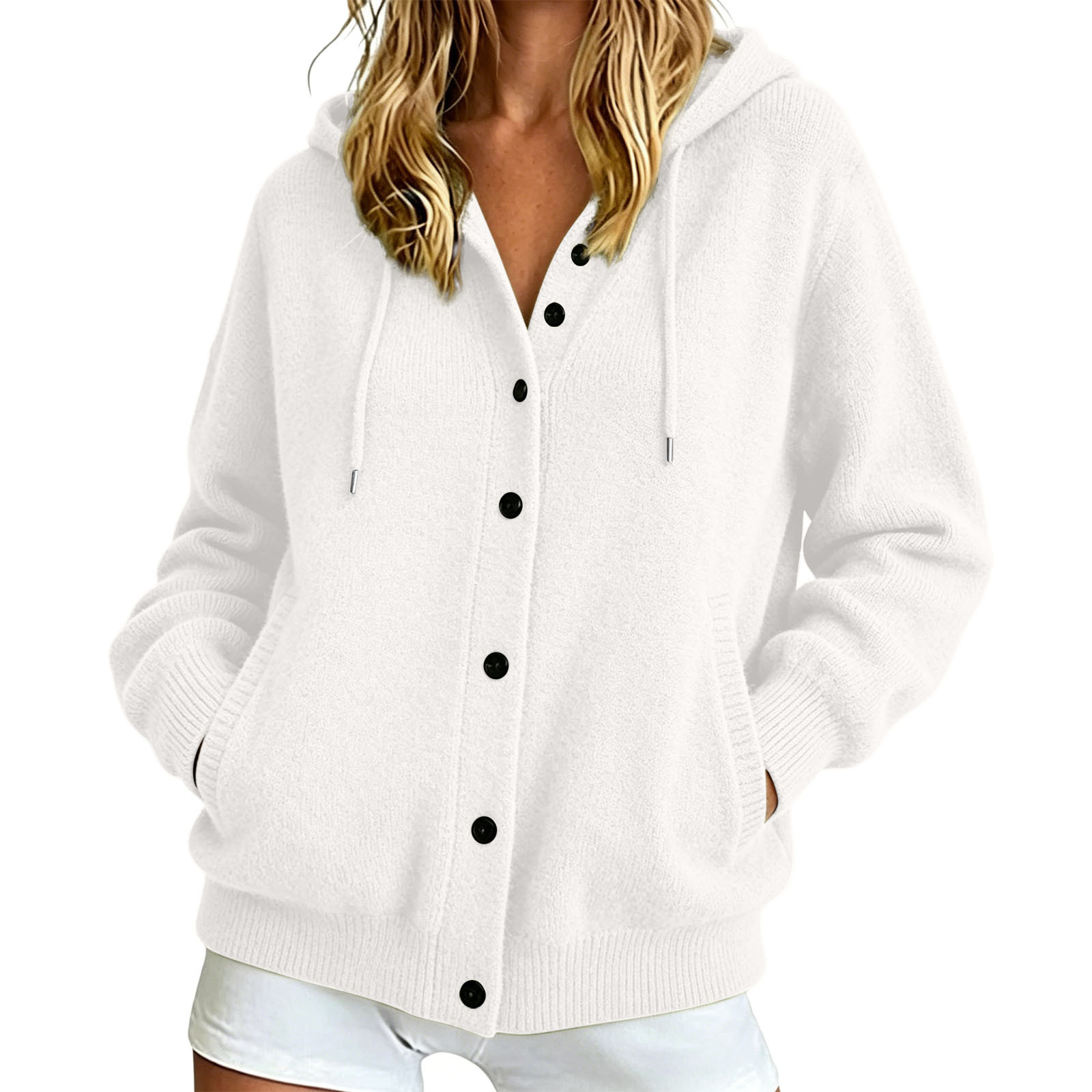 Button-Up Hooded Knit Cardigan Sweater, Solid Color Casual