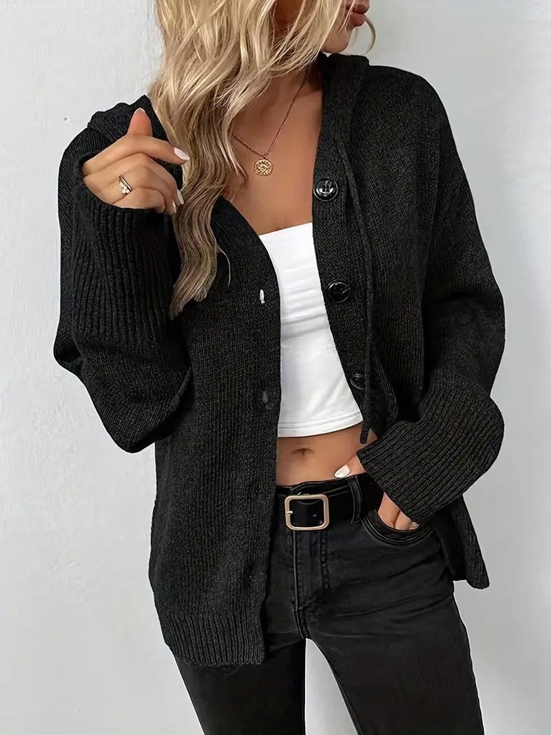 Solid Hooded Button-Down Knit Cardigan with Drawstring