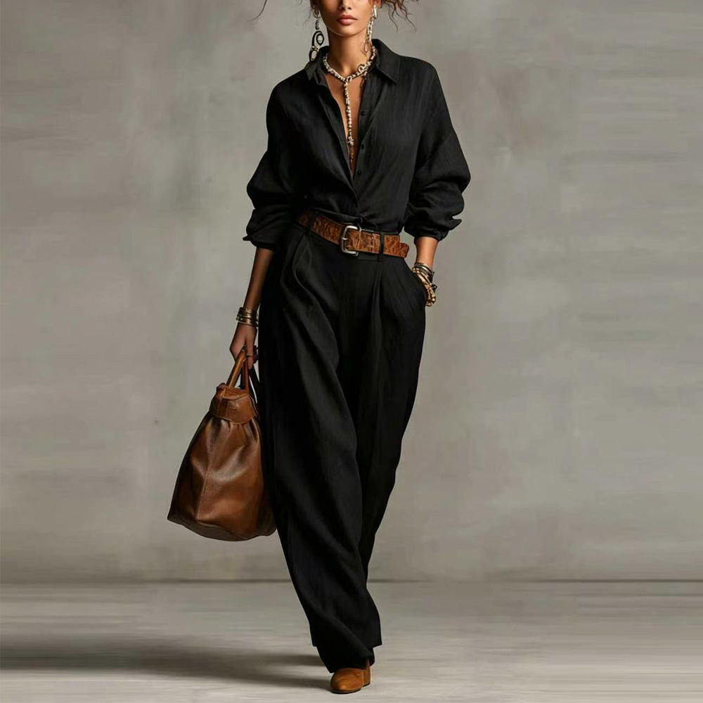Women's Solid Color Long Sleeve Button Pocket Shirt and Pants Set