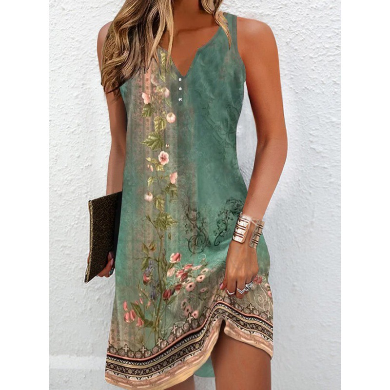 Women's Floral Print Single-Breasted A-Line Sleeveless V-Neck Dress