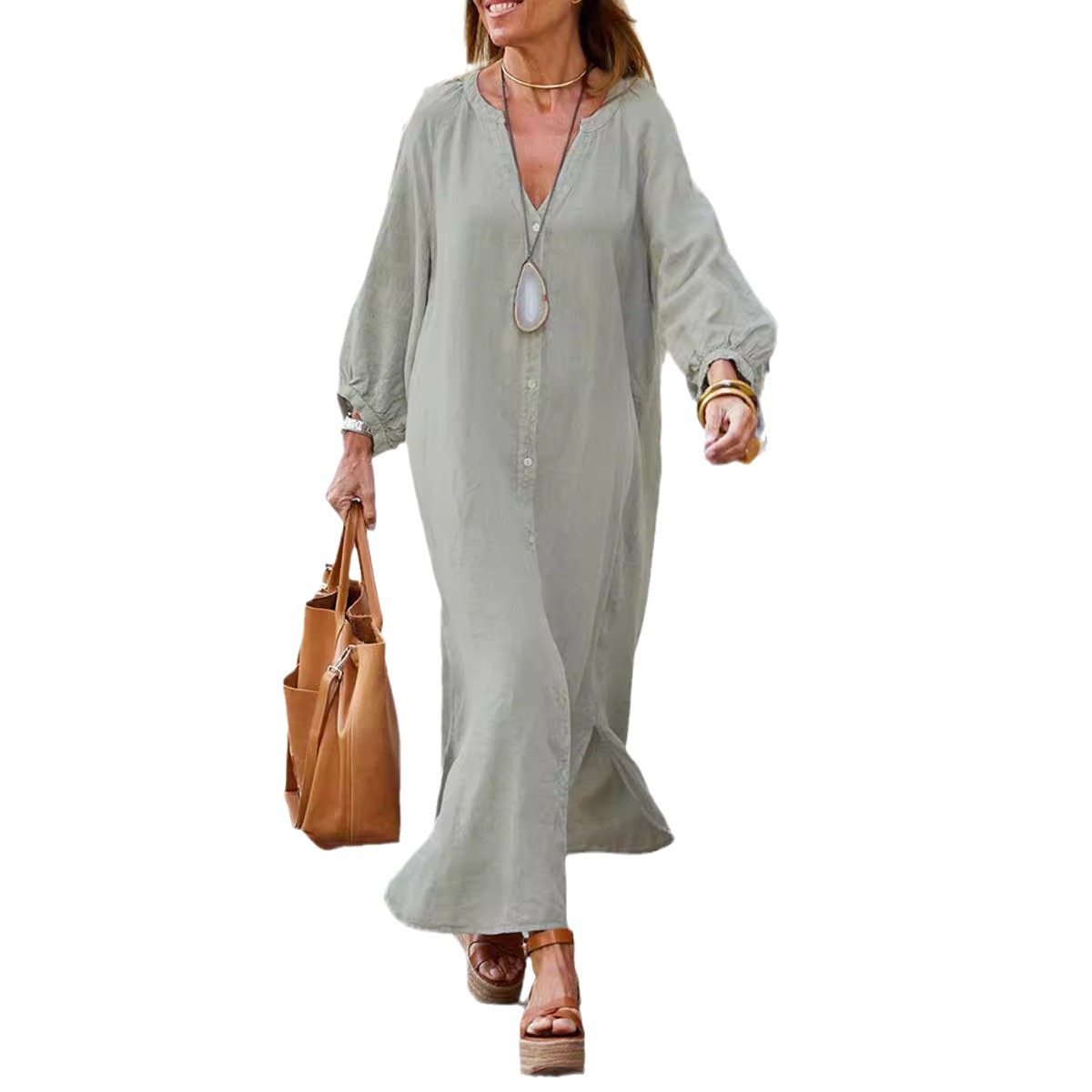 Women's Cotton-Linen V-Neck Long Shirt Dress Casual Commuter