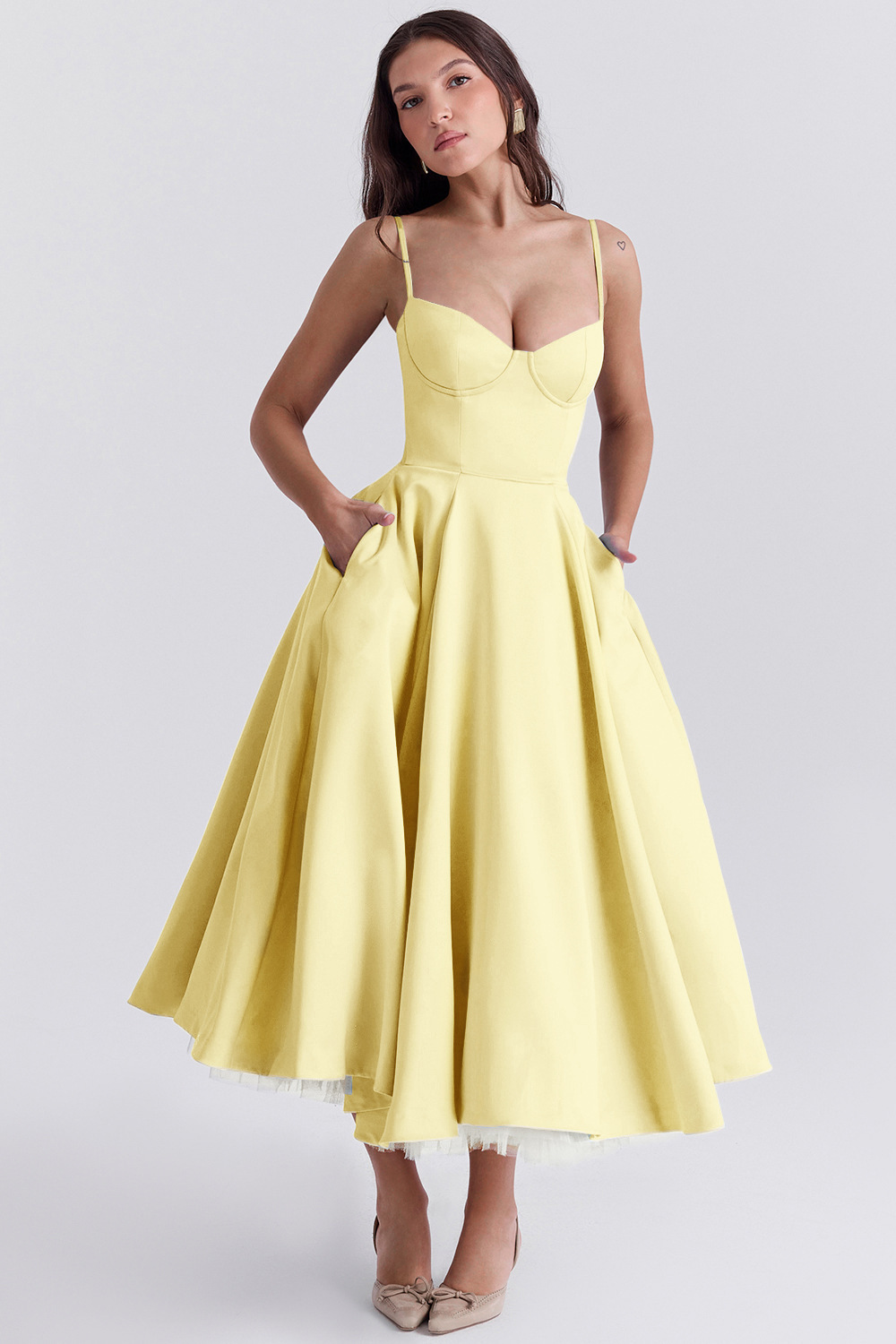 Women's French Style Tulle Double-Layer Cami Maxi Dress with Full Skirt