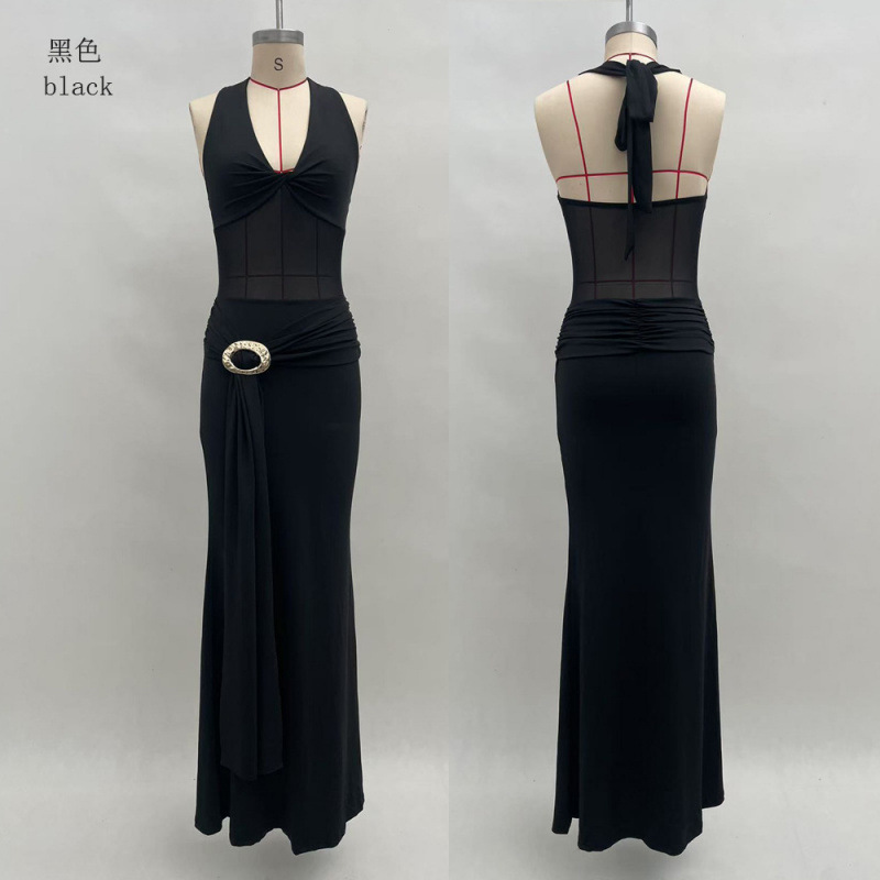 Sexy Sheer Mesh Spliced Open-Back Bodycon Maxi Dress with Halter Tie