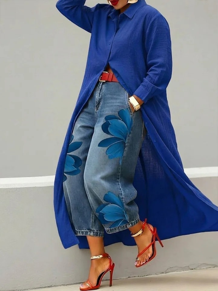 Solid Color Loose Long Shirt Dress with Polo Collar