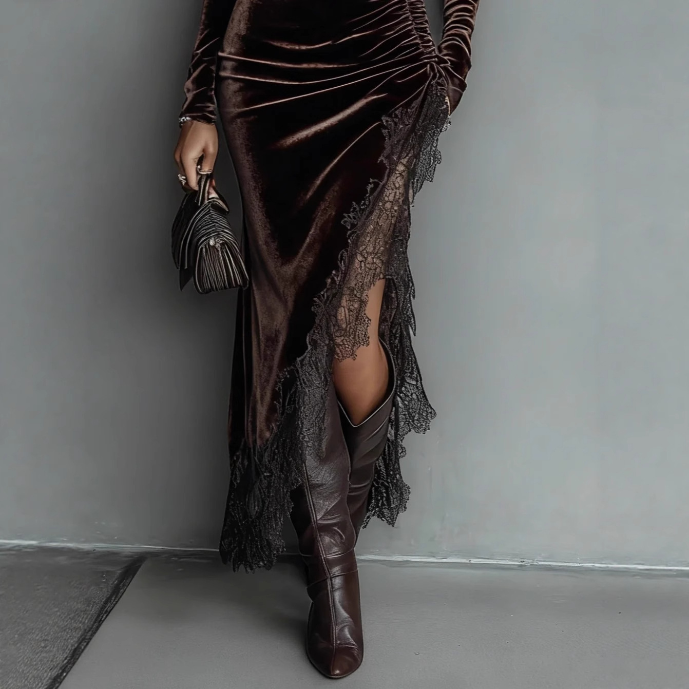 High Neck Velvet Long Sleeve Bodycon Dress with Open Back and Ruched Details