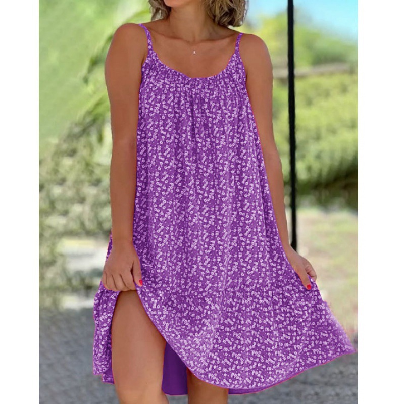 2023 New Amazon Independent Station Europe & US Cross-Border Hot-Selling Hem Pleated Floral Spaghetti Strap Loose Dress Women