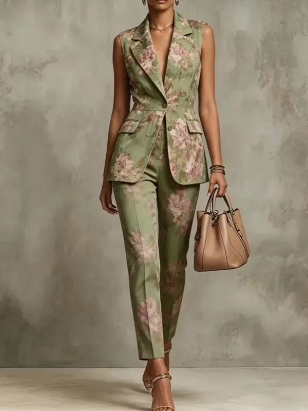 Digital Print Sleeveless Blazer and Pants Two-Piece Set