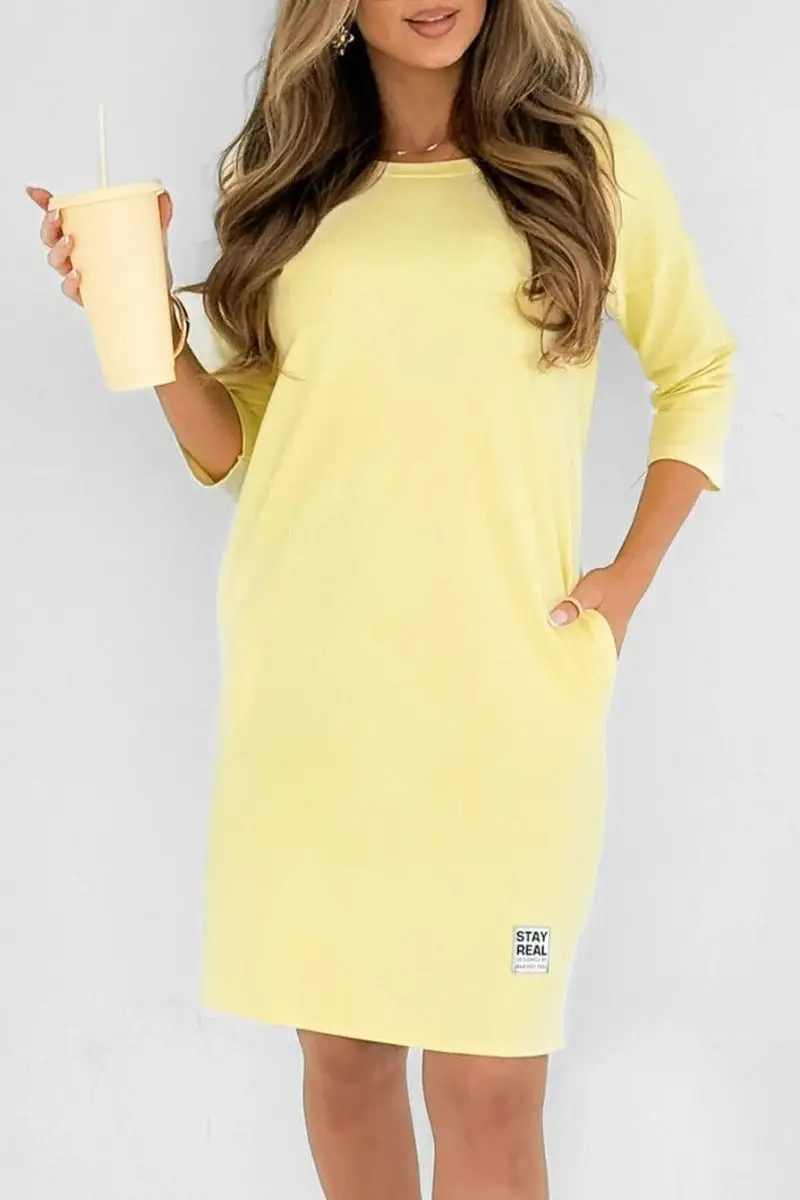 Women's Solid Crewneck Long Sleeve Loose Casual Midi Dress