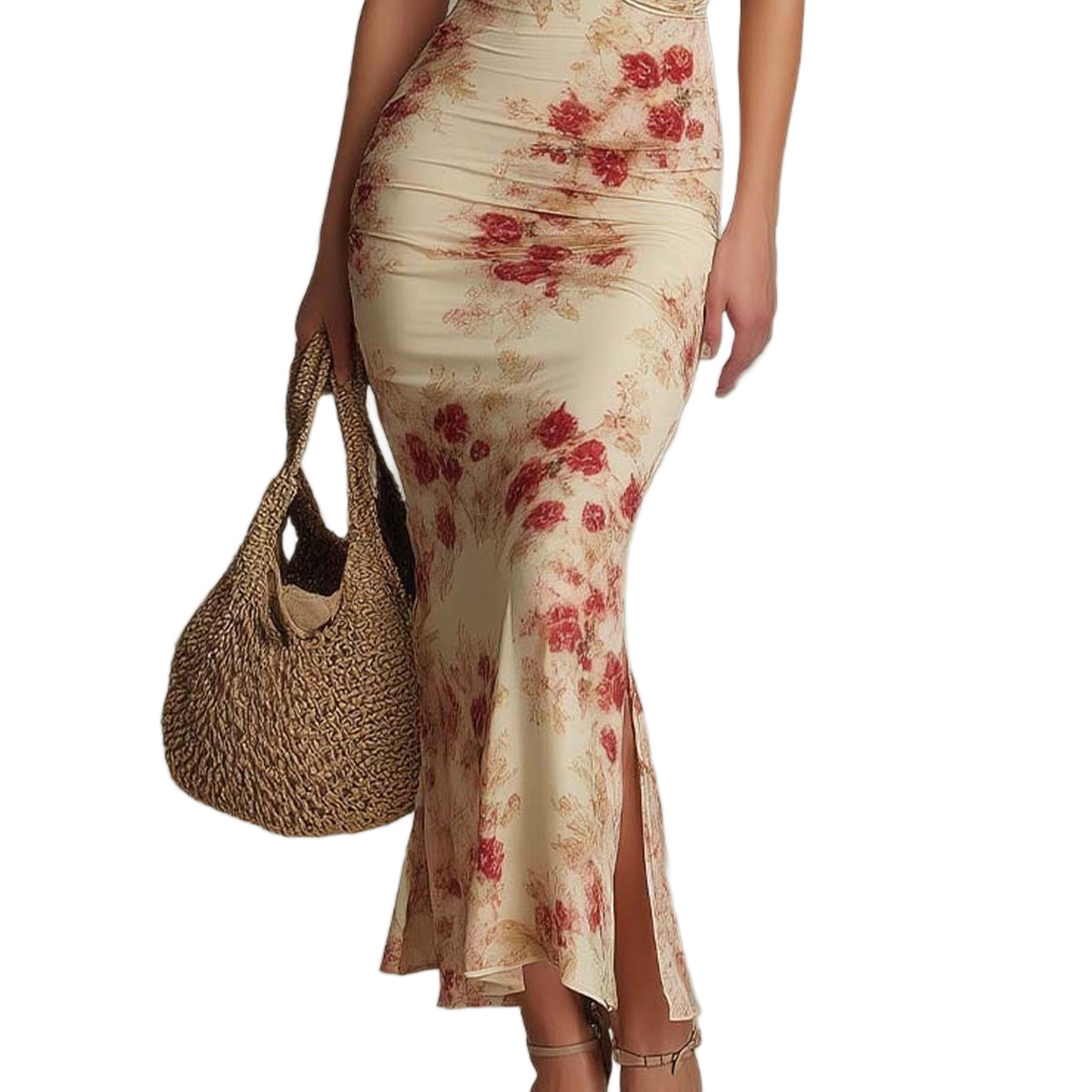 Vintage Abstract Print Sweetheart Neck Bodycon Midi Dress