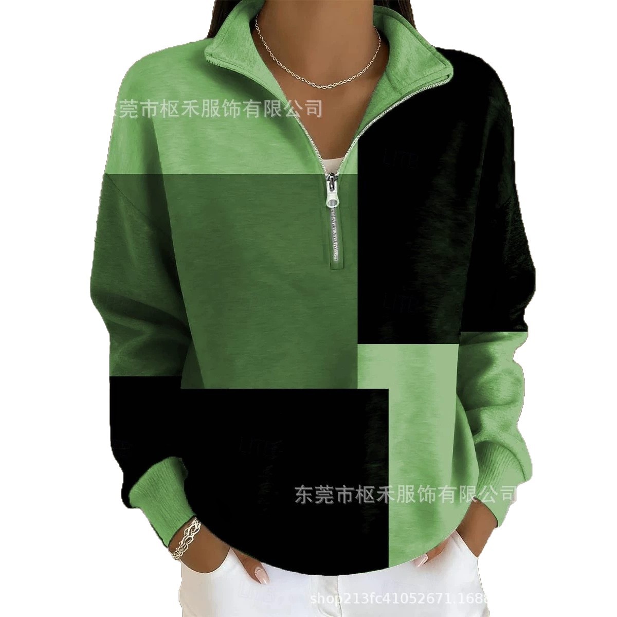 Plaid Color-Block Print Half-Zip Hoodie for Women