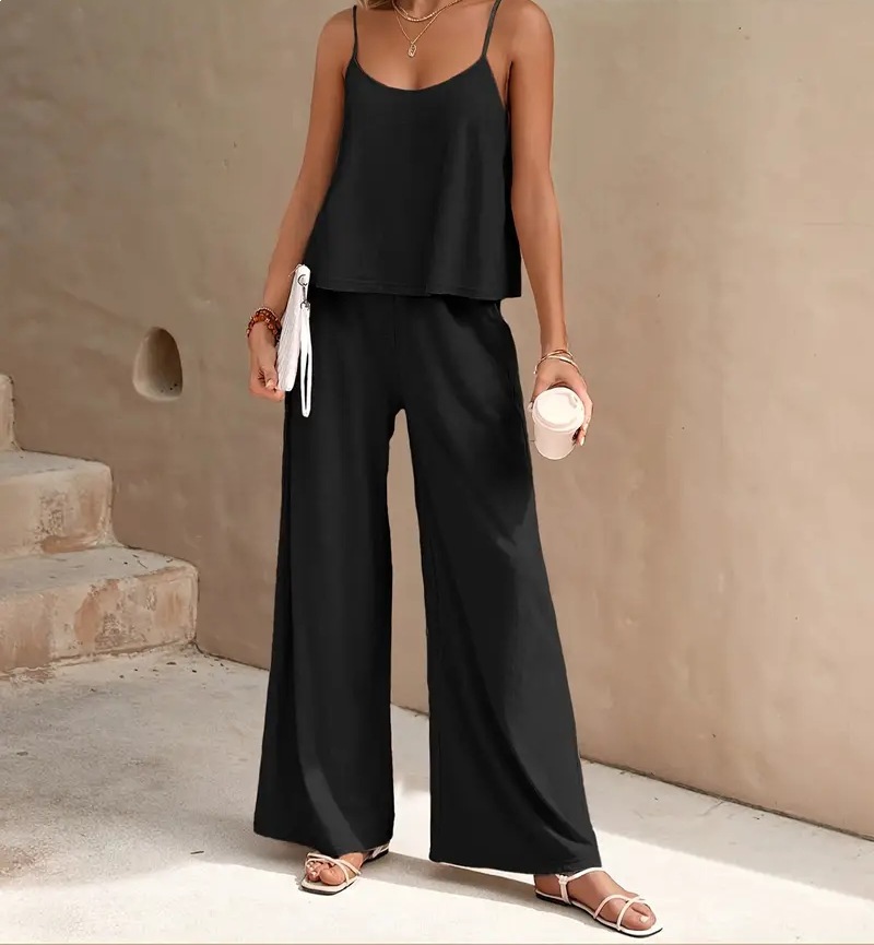 Solid Color Two-Piece Tank Top and Wide-Leg Pants Set