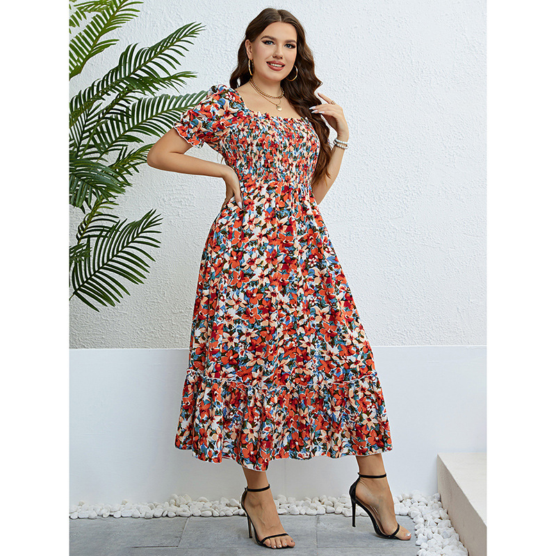 Floral Off-Shoulder A-Line Midi Dress with Puff Sleeves and Cinched Waist