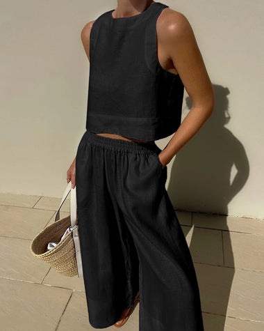 Women's Sleeveless Cotton-Linen Wide-Leg Pants and Tank Set