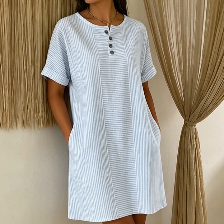 Button-Front Round-Neck Loose Casual Dress with Pockets