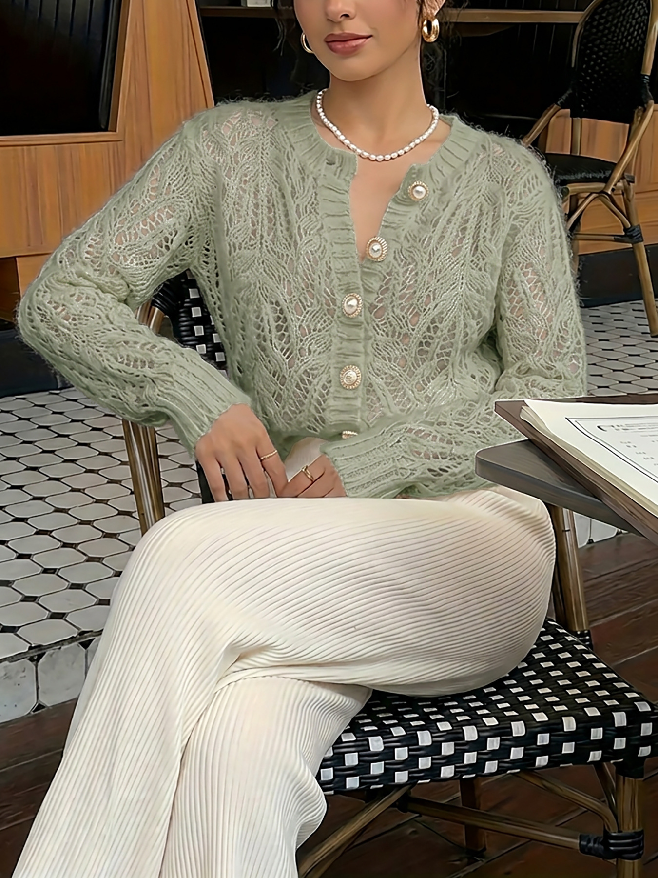 Women's Openwork Cardigan with Pearl Buttons Crew Neck Slim Fit Long Sleeve